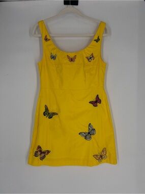 Fanm Mon Yellow Colorful Butterfly Embroidered Scoop Neck Mini Dress M
